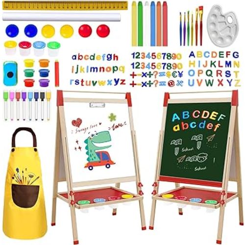 Wooden Art Easel for Kids and Toddlers, Double-Sided with Magnetic Drawing Board, Adjustable Height, Includes Magnetic Letter & Number Set and Paper Roll.