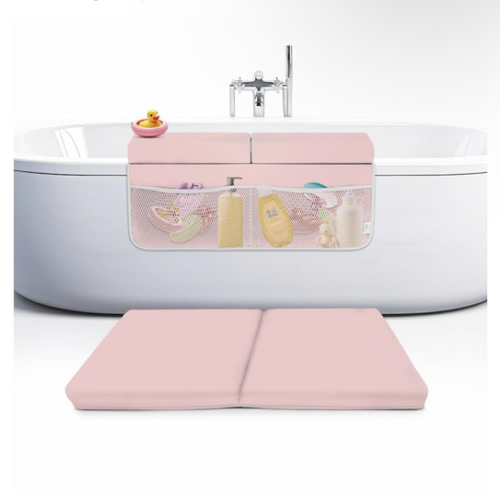 Memory Foam Bath Kneeler and Elbow Rest Pad Set, 2-Inch Thick, Water-Resistant Mat – Baby Bath Time Essentials Cushion and Bath Kneeling Pad for Bathing Baby with Bathtub Toy Organizer (Pink)