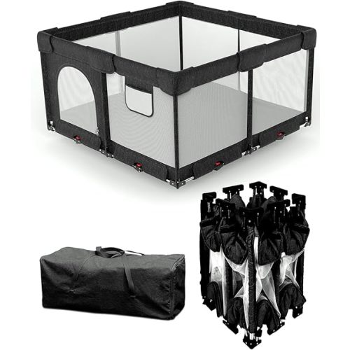 Foldable Baby Playpen with Non Removable Thick Mat,Collapsible Playpen for Babies and Toddlers, Extra Large Foldable Playpen for Baby with Gate, Travel Play Pen (51"×51" Black)