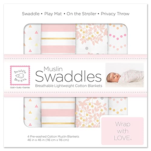 SwaddleDesigns Cotton Muslin Swaddle Blankets, Set of 4, Receiving Blankets for Baby Boys & Girls, Best Shower Gift, 46x46 inches, Pink Floral