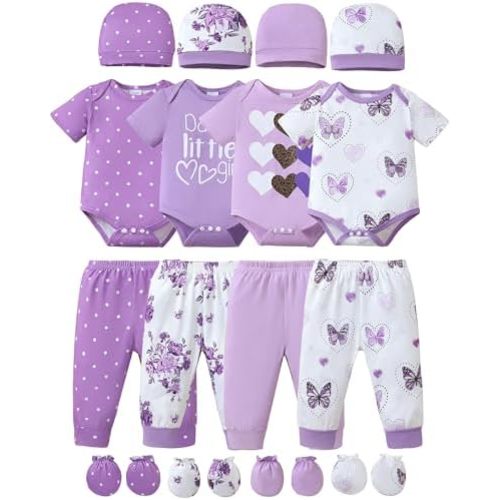 NZRVAWS Newborn Baby Boy Girl Clothes Unisex Infant Romper Pants Set Hat 4-Pack Outfits 0-12 Months 16 Pieces Toddler