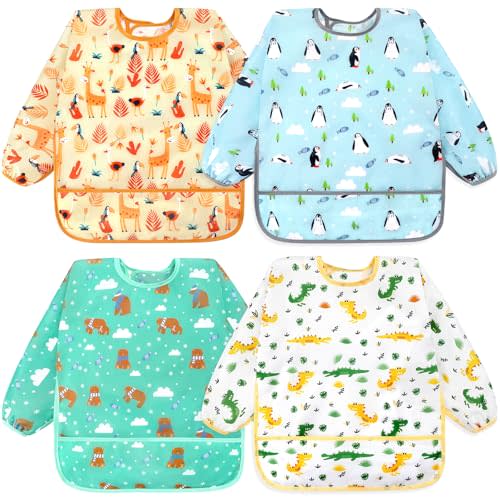 Accmor 4 Pack Long Sleeve Baby Bibs, Waterproof Sleeved Bib Smock for Baby Toddler 6-36 Months