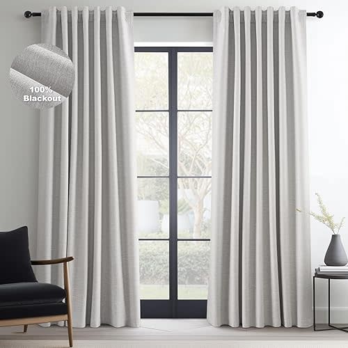 Topfinel 90 Inches Long Full Blackout Light Grey Linen Curtains for Bedroom, Pinch Pleat Black Out Curtains, Viral Farmhouse Modern Lined Track Drapes 2 Panels Set for Sliding Door Winter