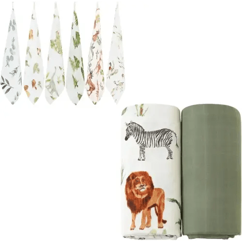 LifeTree Muslin Swaddle Blankets Neutral, Baby Washcloths Safari Animals Swaddling Wrap Nursery Receiving Blanket for Boys & Girls