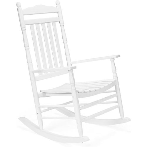 VINGLI Wood Rocking Chair Outdoor with 450 lbs Support Relaxing Rocker Solid Wood High Back Seat Reclining Seat for Deck, Garden, Backyard, Porch, Indoor or Outdoor Use, White
