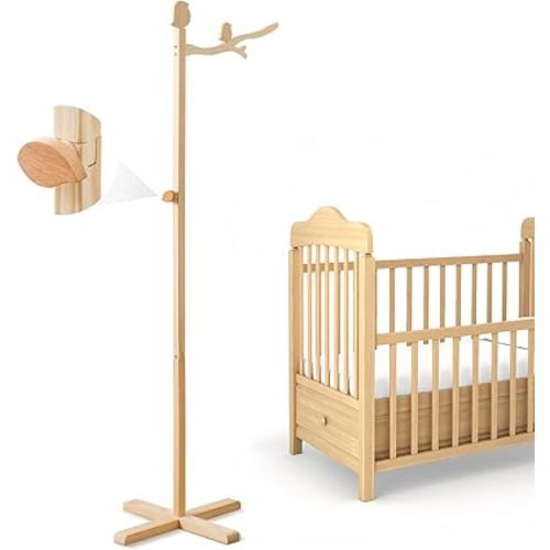 Floor Standing Crib Mobile Arm 57.8 Inch Wooden Baby Mobile Arm for Crib Movable Baby Mobile Hanger with Hook Anti-Dumping Baby Mobile Holder Floor Stand Nursery Decor