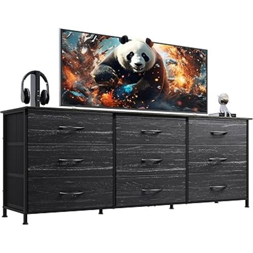 WLIVE 63''W Dresser for Bedroom, Black Dresser TV Stand for 65, 70, 75 inch TV, Wide Chest of Drawers with 9 Drawer, Large Entertainment Center, Fabric Dressers with Wood Top for Closet, Living Room