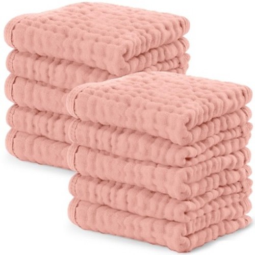 Comfy Cubs Muslin Baby Washcloths 10 Pack - Soft Large 10"x10" 6-Layer Absorbent Cotton - Bold Blush
