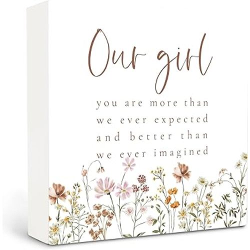 Baby Girl Nursery Decor Wood Box Sign - Girls Room Decor, Boho Nursery Decor for Girl, Baby Shower Gifts for Girls, Toddler Baby Little Girl Room Shelf Desk Decor, Our Girl Nursery Signs 5"x5"