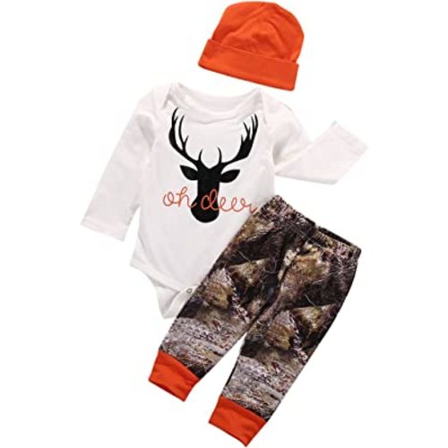 Newborn Baby Boys Long Sleeve Letters Deer Romper Bodysuit Tops Camo Pants with Hat 3 Pcs Outfit Clothes Set