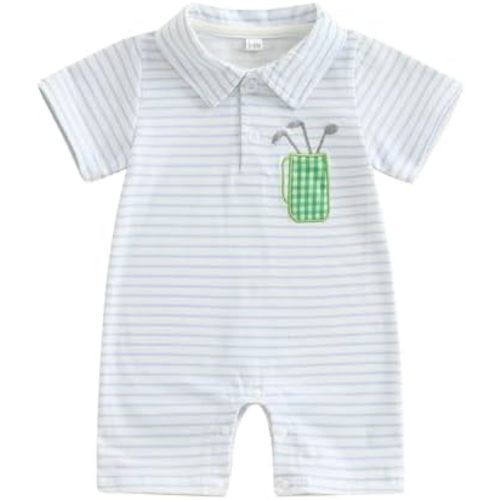 Baby Boy Summer Outfit Short Sleeve Embroidery Polo Romper Lapel Button Striped Bodysuit Jumpsuit Clothes