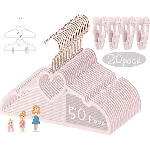 Pink Heart Velvet Baby Hangers - 50pack 13inch Toddler Hangers with 20pcs Clips, Premium Velvet Strong and Durable Baby Clothes Hangers Without Slipping, Ultra Slim and Stackable Space Saving