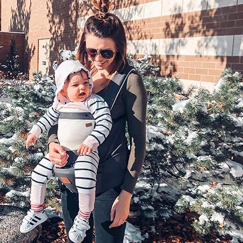 Bebamour Baby Carrier Front and Back Carry Baby Newborns to Toddler Baby Hip Carrier with Head Hood & 3 Pieces Teething Pads& Waist Extenders & Storage Bag,Grey