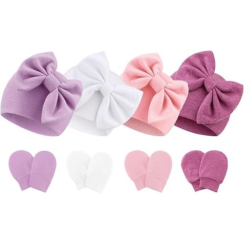 BQUBO Newborn Baby Hats Mittens Set Hospital Hat Beanie Infant Bow Hats Baby Gloves No Scratch Mittens for 0-6 Months