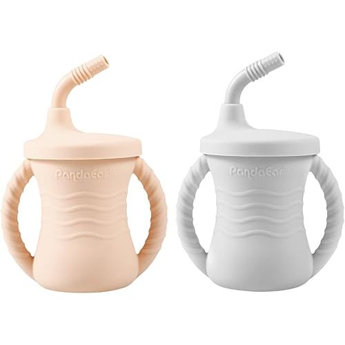 PandaEar Silicone Training Cup, 2 Pack Baby Drinking Sippy Cups with Handles & Straw for Baby and Toddler 6 Months+ (Pink&Grey)