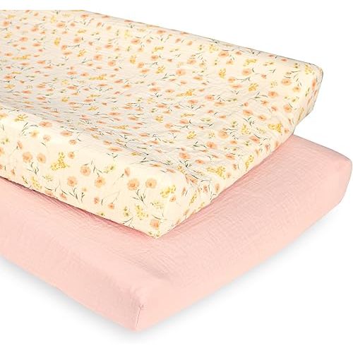 Hooyax Baby Changing Pad Cover 2-Pack, Muslin Soft Breathable Changing Table Pad Covers for Nursery, Easy Care Changing Pad Sheets for Girls and Boys(Pink, Flower)