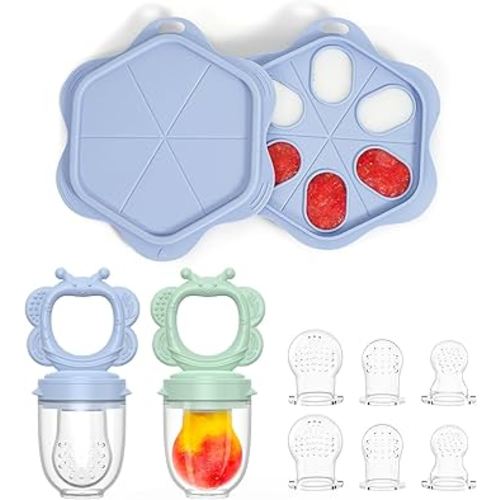 Silicone Baby Fruit Food Feeder (2 Pack) with Freezer Nibble Tray, Breastmilk Popsicle Molds for Baby Teething Relief, Silicone Feeder for Safe Infant Self Feeding, BPA Free, Dishwasher Safe, 3 Month+