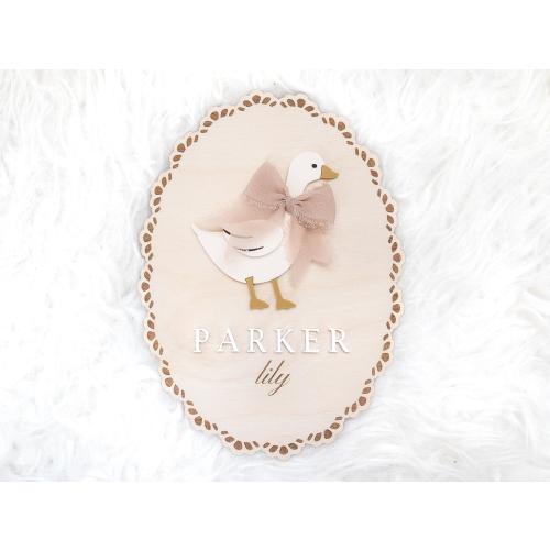 Goose bow baby name announcement sign | custom newborn name plate | personalized birth announcement for hospital | ribbon lace wood sign
