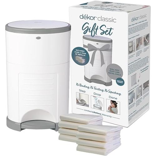 Diaper Dekor Classic Diaper Pail Gift Set – White | Comes with up to a Year's Supply Worth of Diaper Dekor Refills!