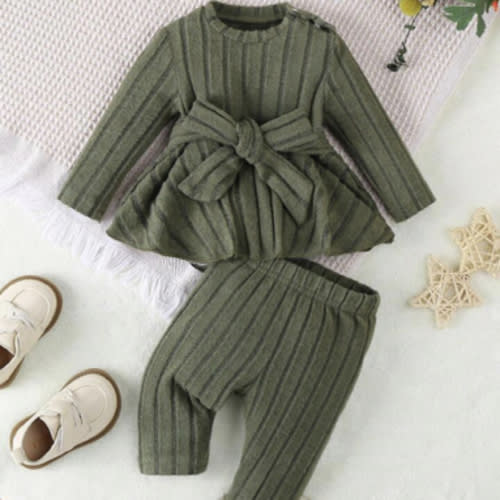 SHEIN Women Girls Casual Everyday Elegant Simple Comfortable Long Sleeve Ruffle Top And Pants With Belt 2pcs Set Winter Two Piece Setgreen Baby Girls Sets | SHEIN USA