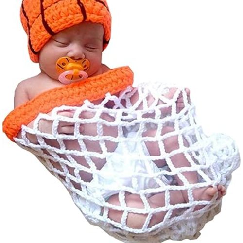 Newborn Baby Boy Basketball Photography Props Crochet Orange Hat+White Basket Costume Outfits