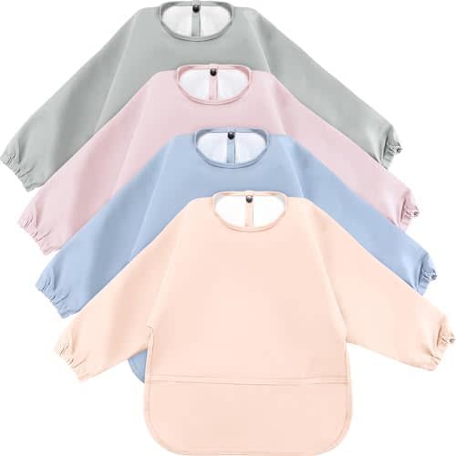 JaGely 4 Pack Long Sleeve Baby Bibs Waterproof Long Sleeved Bib Baby Eating Smock Bib Feeding Shirt Bib with Food Catcher