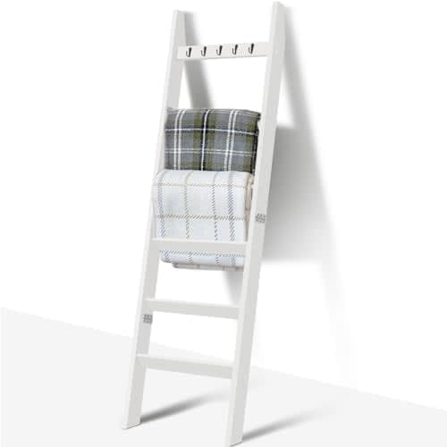 6-Tier Blanket Ladder for Living Room and Bedroom,5.4 Ft Wall Leaning Quilt Rack with Hooks,Rustic Decorative Farmhouse Blanket Storage,Stylish Ladder Holder,Easy to Assemble,Black
