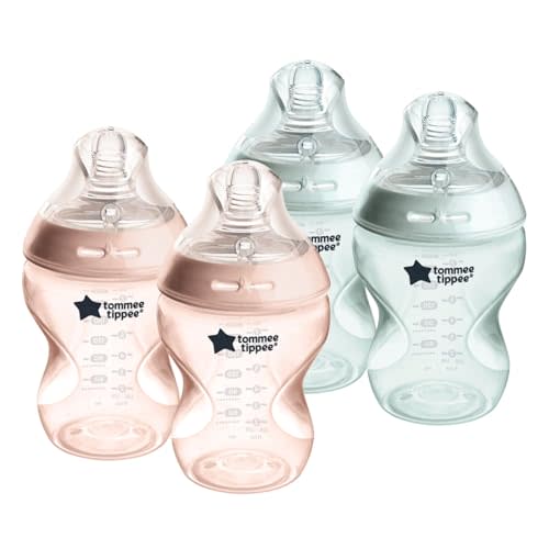 Tommee Tippee Natural Start Anti-Colic BPA Free Baby Bottles, 9oz, Newborn 0+ Months, Slow Flow Breast-Like Nipple, Designed for Seamless Transitions Between Bottle and Breast, Pink/Green, Pack of 4