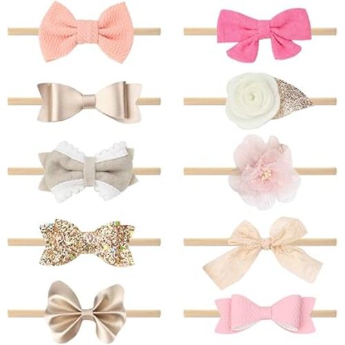 Baby Girls Nylon Elastic Headband Soft Flower Hair Band For Toddler Infant Newborn Set Of 10