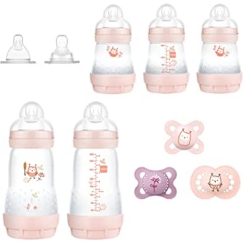 MAM Newborn Essentials "Baby Essentials" Matte Gift Set (9-Piece), Easy Start Anti-Colic Baby Bottles, Baby Pacifiers, Girl