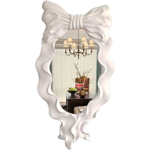19.6 x 10.6 inch Bow Decorative Wall Mirror,Vintage Hanging Mirrors for Bedroom Living-Room Dresser Decor (White)