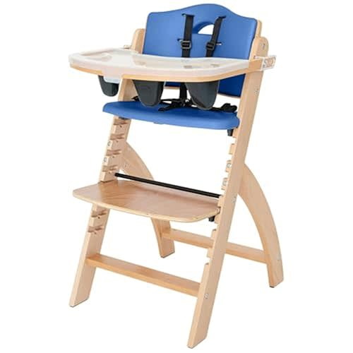 Abiie Beyond Junior Wooden High Chair with Tray - Convertible Baby Highchair - Adjustable High Chair for Babies/Toddlers/6 Months up to 250 Lbs - Stain & Water Resistant Natural Wood/Blue Cushion