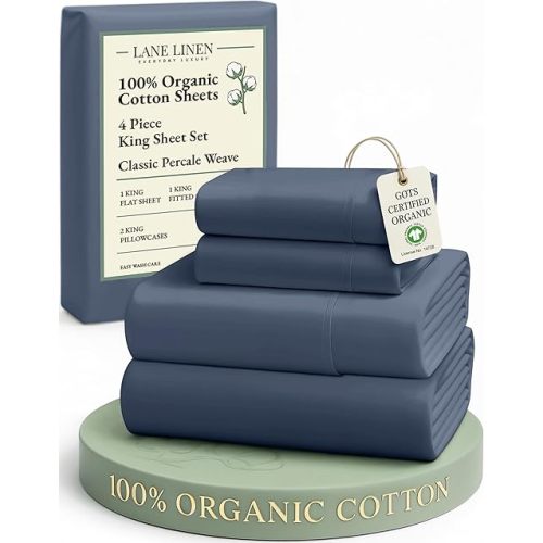 LANE LINEN 100% Organic Cotton Sheets for King Size Bed - Soft Percale Sheets, Breathable Luxury Hotel Style Machine Washable Fully Elasticized Mercerized 15" Deep Pocket King Sheet Set- Estate Blue
