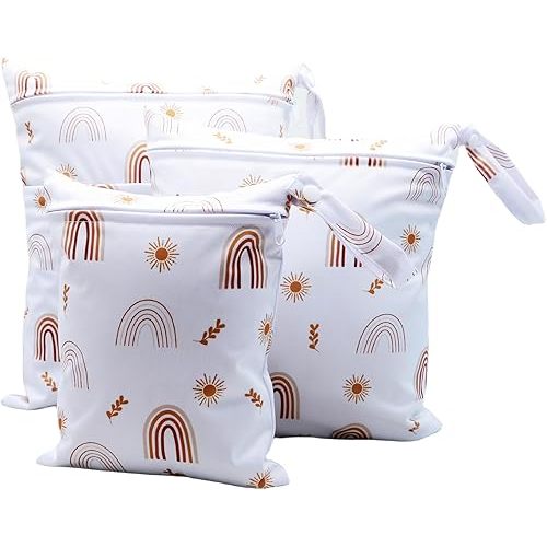 3pcs Cloth Diaper Wet Dry Bags Waterproof Reusable with Two Zippered Pockets Travel Beach Pool Daycare Soiled Baby Items Yoga Gym Bag for Swimsuits or Wet Clothes (3036-3-whiterainbow)