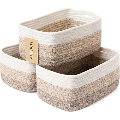 Small Storage Baskets for Organizing | Closet Organizer Bins | Shelf Toy Basket | Woven Rope Baskets | Cube Decorative Box | Shallow Basket | 13x8.5x5.1” | 3 Packs Gradient Brown