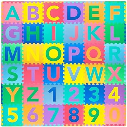 ProSource Kids Puzzle Alphabet, Numbers, 36 Tiles and Edges Play Mat, 12"x12", Abc & 123