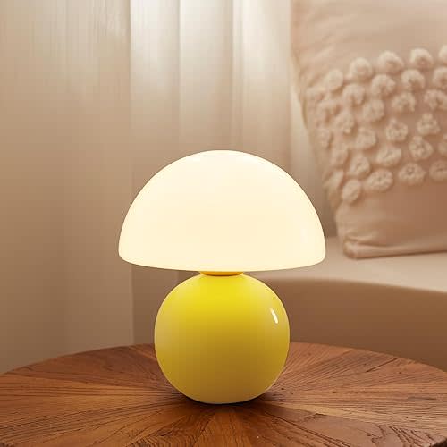 Mushroom Lamp Small Lamp, Table Bedside Nightstand Lamp for Bedroom, Cute Mini Modern Lamp Dimmable, Unique Aesthetic Home Decor for Living Room Girl Gifts, Ceramic Base Glass Lamp(Yellow)