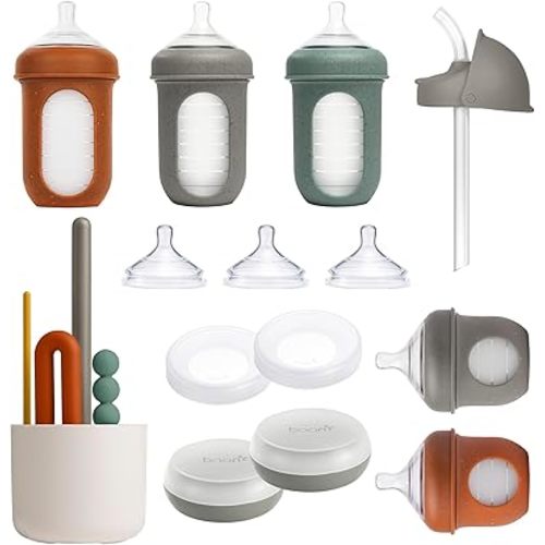 Boon Nursh Baby Bottle Gift Set - Baby Feeding Essentials for New Moms - Includes 4 Oz and 8 Oz Baby Bottles, Storage Lids, Fast Flow Nipples, Storage Buns, Straw Lid, and Mod Baby Bottle Brush Set