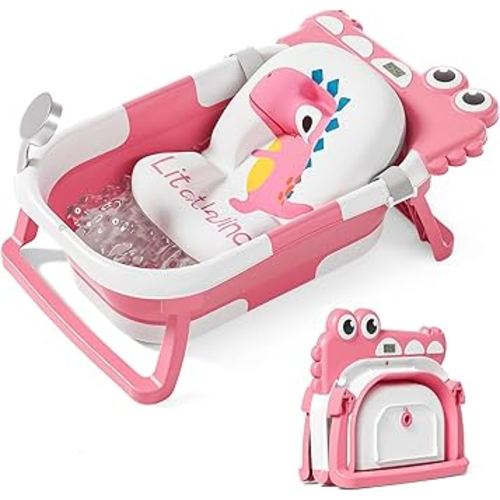 TPN Collapsible Baby Bathtub, Baby Bath Tub with Soft Cushion & Real-Time Thermometer, Baby Bathtub Infant to Toddler Tub (0-36 Months), Portable Travel Baby Tubs for Newborns (Pink)