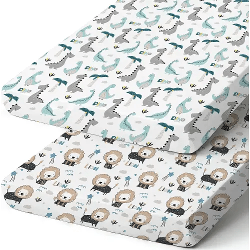 Pack n Play Sheets, BROLEX 2 Pack Mini Crib Sheets,Stretchy Portable Fitted Playard Sheet Set, Convertible Playard Mattress Cover,Ultra Soft Breathable Material,Dinosaur&Lion