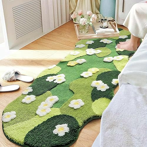 Cute Moss Floral Bath Rug, Non-Slip 3D Moss Carpet, Soft Washable Water Absorbent Mat for Bathroom, Bedroom, Kitchen, Living Room(A, 63x23.6ft)