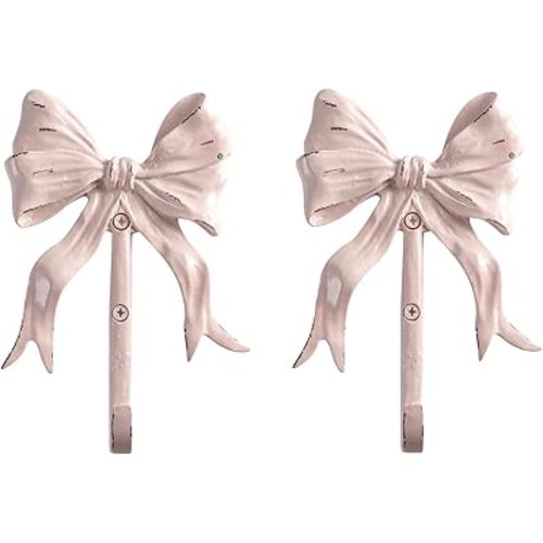 Large Pink Bow Wall Hooks Set of 2, Shabby Chic Vintage Coat Hooks, Decorative Wall Hooks for Bag, Towel and Hat