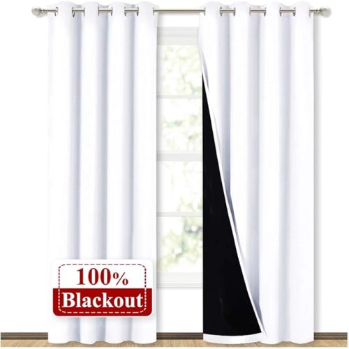 NICETOWN White Blackout Curtains 84 inches Long, Full Light Blocking Drapes with Black Liner for Nursery, Noise Reducing Thermal Insulated Draperies for Doorway (2 Pieces, 37" Wide Each Panel)