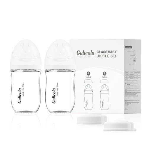 Gulicola Natural Glass Baby Bottle for Breastfeeding, Wide Neck with Slow Flow Nipple, 1 Months+, 5 oz, 2 Pack - White