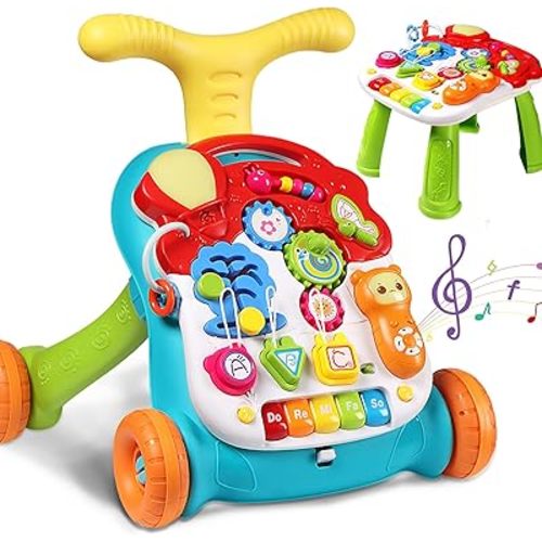 3 in 1 Sit to Stand Walker, Baby Push Walker with Musical Play Table, Speed & Height Adjustable Learning Walker for Baby for 12 Month and Up