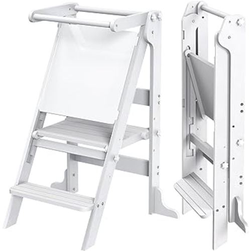 Toddler Tower Foldable, Montessori Kitchen Step Stool Helper, Learning Stool with Safety Rail & Drawing Board, 3 Adjustable Heights Standing Tower for Counter Bathroom Sink (White)