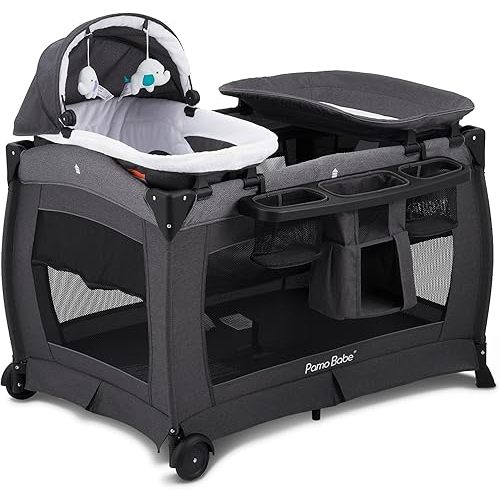 Pamo Babe Deluxe Nursery Center, Foldable Playard for Baby & Toddler, Bassinet, Mattress, Changing Table for Newborn(Black)