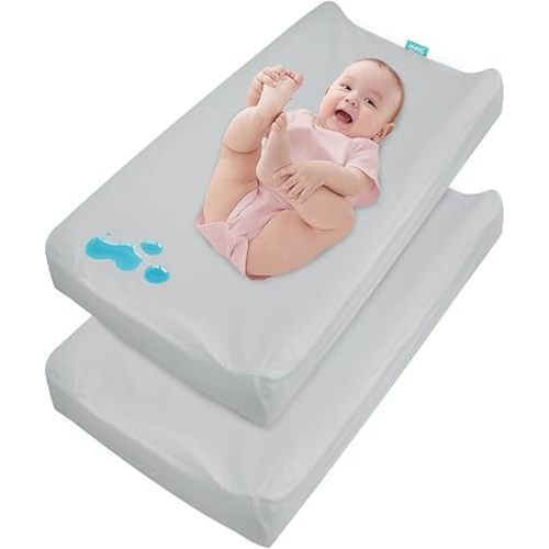 Changing Pad Cover Waterproof, 2 Pack Diaper Change Table Sheets for Baby Boys Girls, Fitted Cradle Sheets for 32"x16" Contoured Pad, Breathable & Ultra Soft, Grey