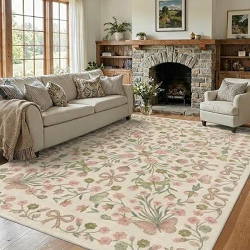 8x10 Pink and Green Vintage Floral Butterfly Bow Living Room Rug