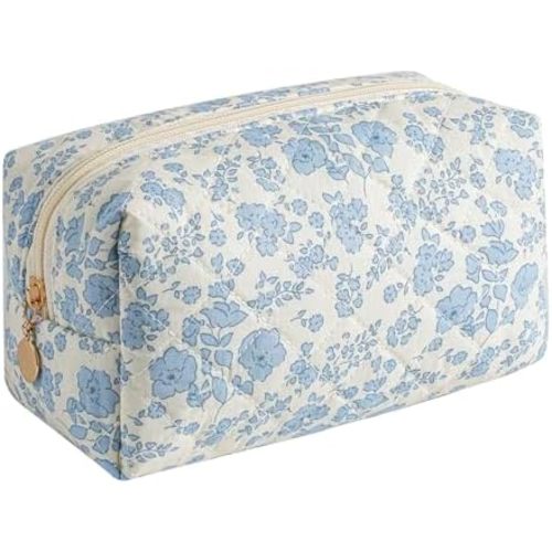 Makeup Bag Travel Cosmetic Bag for Women Girls, Zipper Make Up Pouch, Floral Flowers Toiletry Organizer Makeup, Portable Storage Cosmetic Travel Cloth Bag (Blue Floral)